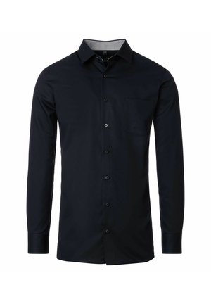 Schwarzes Langarmhemd mit Kragen, vorderer Knopfleiste und einer Brusttasche. Glatte Textur mit dezentem Glanz.