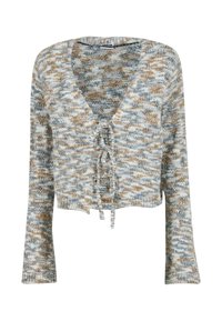 Zkrácený svetr s dlouhými rukávy, s výstřihem do V a detailním uvázáním vpředu. Vyroben z texturované příze v modré, šedé a béžové barvě.