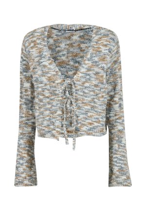 Krótkie sweter z długimi rękawami, z dekoltem w kształcie litery V oraz detalem związanym z przodu. Wykonany z teksturowanej przędzy w odcieniach niebieskiego, szarości i beżu.