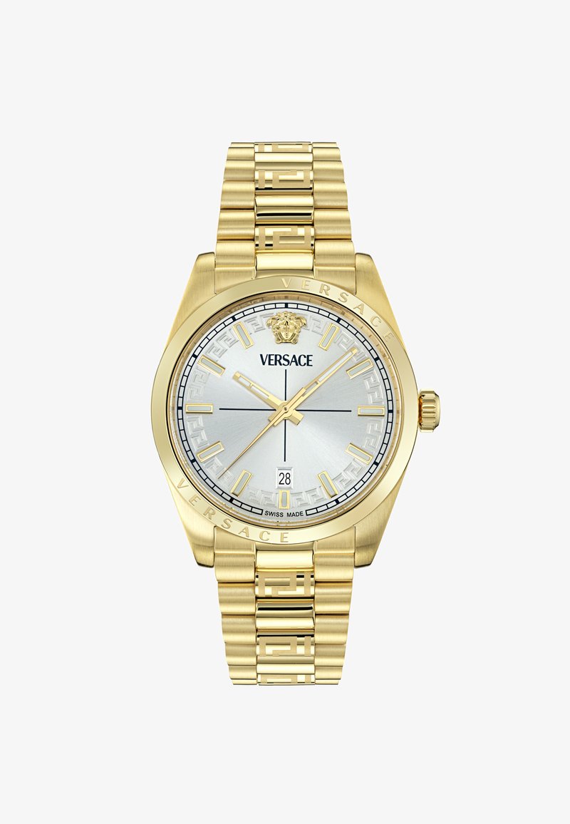 Kuldne Versace käekell hõbedase kellapinnaga, millel on musteriga äär, kuupäeva näit ja tekstuuriga link-randmeside. Šveitsi valmistatud.