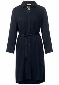 Svart skjortklänning med krage, långa ärmar, knappstängning framtill och ett matchande bälte, med en mjuk och slät textur.