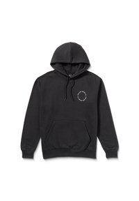 Sweatshirt à capuche noire avec une poche avant, un cordon de serrage et un logo en texte circulaire blanc sur la poitrine. Fabriqué en tissu doux.