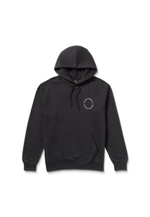 Black hooded sweatshirt with a front pocket, drawstring hood, and white circular text logo on the chest. Made from a soft fabric.