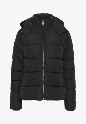 Must must jacket kõrge kraega, lukuga ja nööriga kapuutsiga. Omab horisontaalset tikandimustrit ja küljetaskuid.