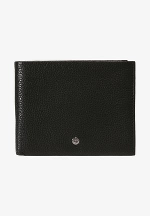 Črnen usnjen denarnica z grobo teksturo, zložljiv dizajn in srebrno logotipno podrobnostjo spredaj. Gladki robovi in kompakten oblik.