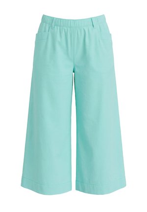 Light blue wide-leg cropped pants with elastic waistband and side pockets, suitable for casual wear.
