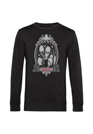 Felpa nera con una grafica grigia di un personaggio che tiene una pala, incorniciato da un design ornato, con il testo "MERCOLEDÌ" sottostante.