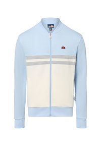 Lichtblauwe ritsvest met witte en grijze horizontale strepen, geribbelde manchetten en een klein logo op de linkerborst. Zachte stoftextuur.