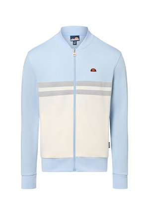 Light blue zip-up sweatshirt with white and gray horizontal stripes, ribbed cuffs, and a small logo on the left chest. Soft fabric texture.