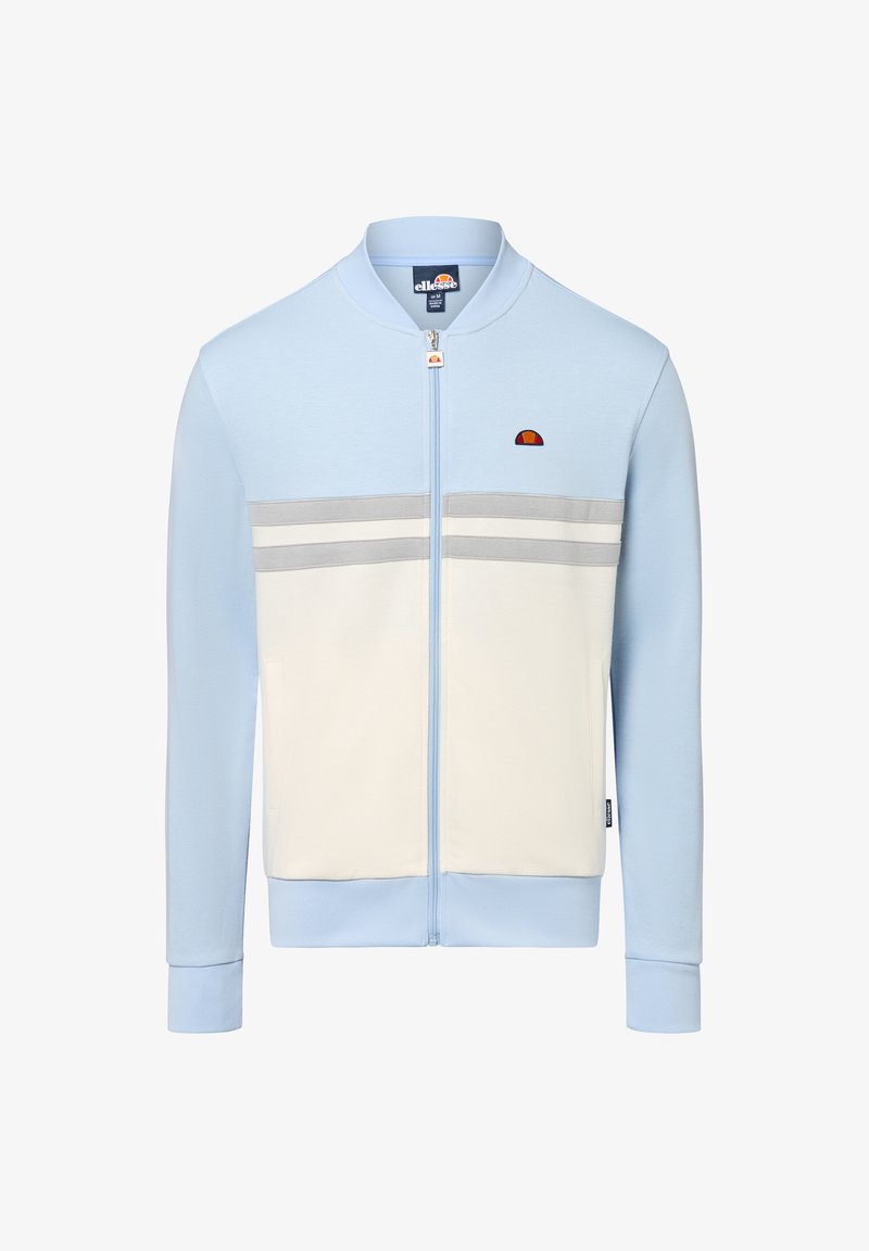 Sweat-shirt zippé bleu clair avec des rayures horizontales blanches et grises, des poignets côtelés et un petit logo sur la poitrine gauche. Texture de tissu douce.