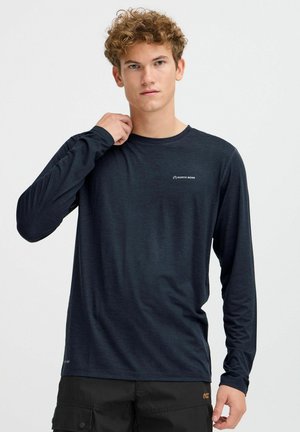 Long-sleeve, dark navy shirt made of lightweight fabric, featuring a small logo on the chest and a smooth, slightly textured finish.