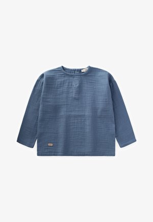 Losse blauwe katoenen top met lange mouwen, een V-hals en een gestructureerde afwerking. Bevat een klein merkembleem op de onderzijde.