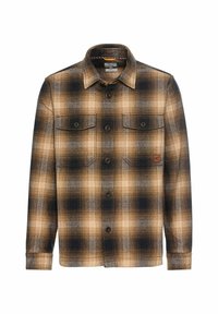 Rudebåndet flannel skjorte i beige, brun og sort. Har to brystlommer og knaplukning foran. Blød tekstur med et varmt udseende.