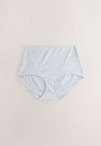 Magasított derékrészű fehérnemű világosszürke bordázott anyagból, sima szegélyekkel, derékrészen kis masni díszítéssel és klasszikus szabással.