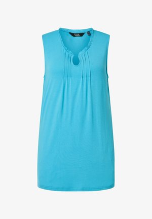 Mouwloze lichtblauwe tuniek met ronde hals met sleutelgat, gerimpelde ruches en verticale plooien aan de voorkant.