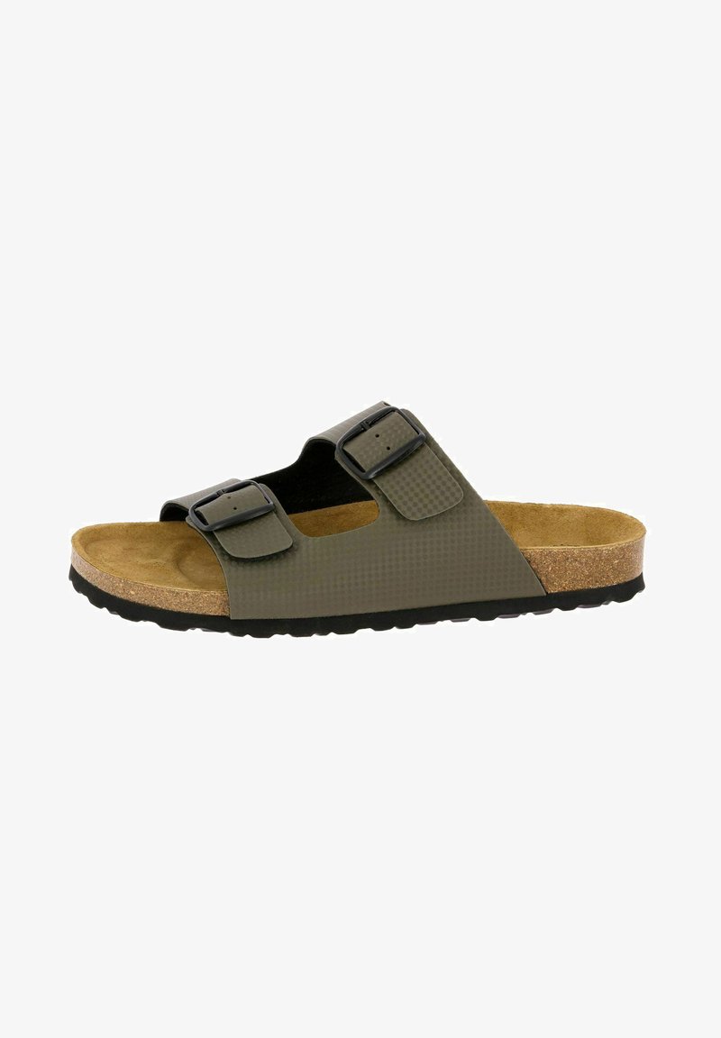Green synthetic slide sandal with two adjustable black buckles, cork footbed, and textured rubber sole.