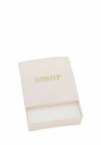 Scatola quadrata di colore crema con una superficie liscia, decorata con la scritta "amor" in lettere dorate sul coperchio. L'interno è vuoto e bianco.