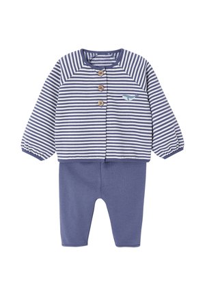 Baby outfit with blue and white striped top featuring wooden buttons and whale graphic, paired with solid blue pants.