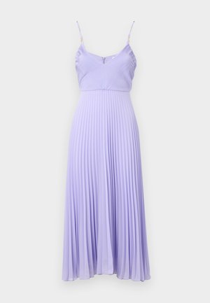 Lilac pleated dress with thin straps, a fitted bodice, and a flared skirt that extends to mid-calf. Textured fabric creates vertical lines.