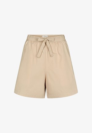 Beige knee-length shorts with elastic waistband and adjustable fabric tie at front, made of lightweight cotton blend fabric.