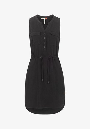 Black sleeveless dress with two chest pockets, a button placket, adjustable drawstring waist, and a rounded hem. Soft fabric texture.