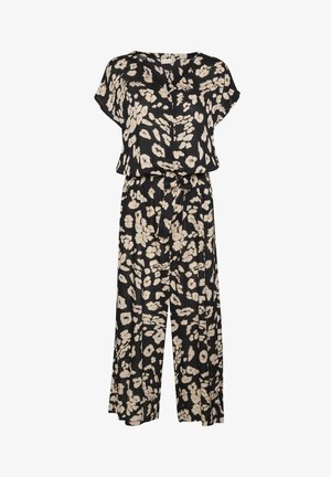 Juodas šokinėjimo kostiumas su trumpomis rankovėmis, su grietinėlės spalvos gėlių raštu, mygtukais priekyje ir juosmens juosta, kad būtų padailinta figūra. Minkšta medžiagos tekstūra.