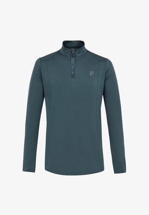Langsleeve, half-zip pullover in donker teal, gemaakt van gladde, rekbare stof met een logo op de borst en schouderpaneelaccenten.