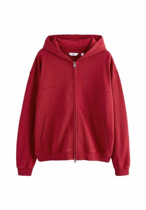 Roter Kapuzenpullover mit Reißverschluss vorne, Fronttaschen, langen Ärmeln und Kapuze, vor weißem Hintergrund dargestellt.