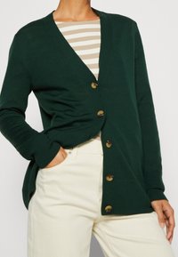 Cárdigan verde de material de punto, con cuello en v, cierre de botones y dos bolsillos delanteros. Lleva puesto sobre una camisa a rayas y pantalones claros.