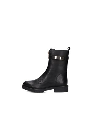 Black leather ankle boot with a round toe, textured upper, gold metallic accent on the ankle, and a pull tab for easy wear.