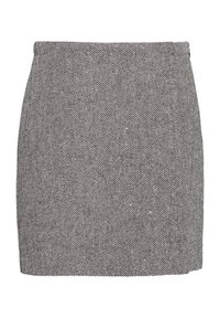 Houndstooth fabric mini skirt with a high waist design. Features a textured, patterned surface in black and white tones.