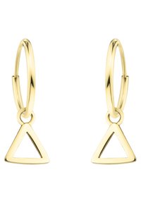 Orecchini a cerchio in tono oro con pendenti triangolari. Gli orecchini presentano una finitura liscia e un design semplice e moderno.