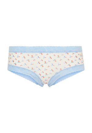 Women’s underwear with blue lace trim and a small, multicolored abstract flower pattern on a cream background.