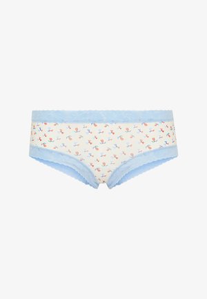 Women’s underwear with blue lace trim and a small, multicolored abstract flower pattern on a cream background.