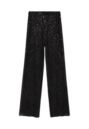 Black wide-leg pants with an elastic waistband, covered in rows of shimmering sequins, featuring a soft, textured fabric and loose fit.