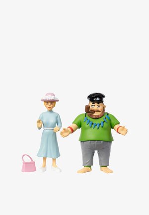 Twee actiefiguren: een vrouw in een lichtblauwe jurk met een bril en een roze hoed, en een man in een groene shirt met een ketting en grijze broek.