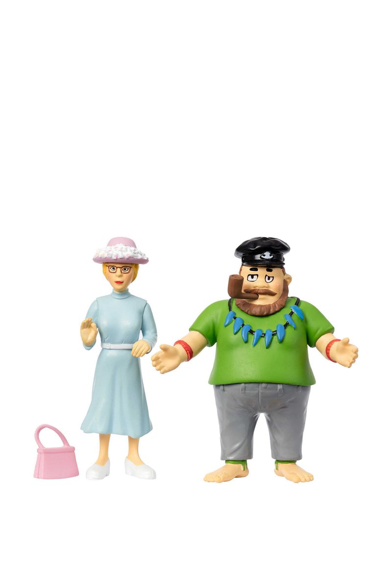 Two action figures: a woman in a light blue dress with glasses and a pink hat, and a man in a green shirt with a necklace and gray pants.