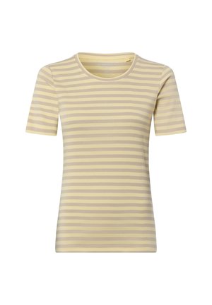 Koszulka z krótkim rękawem i okrągłym dekoltem w beżowe i jasnobeżowe poziome paski, przedstawiona na białym tle.