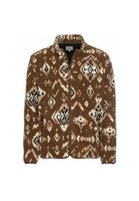 Fleece-Jacke in Braun mit cremefarbenen und schwarzen geometrischen Mustern. Sie verfügt über einen hohen Kragen, einen Reißverschluss und zwei Seitentaschen.