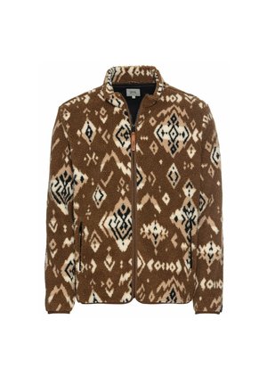 Fleecejakke i brun med cremefarvede og sorte geometriske mønstre. Har en høj krave, lynlås lukning og to sidelommer.