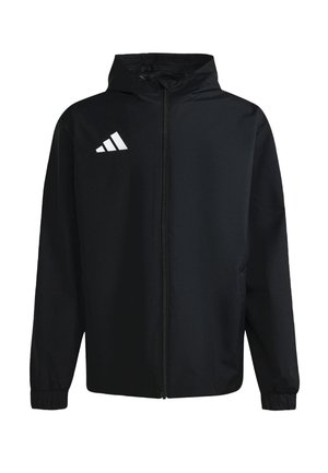 Crna atletska jakna izrađena od vodootpornog materijala. Ima zatvaranje na zip, podesivu kapu, elastične manžetne i bijeli logo branda.