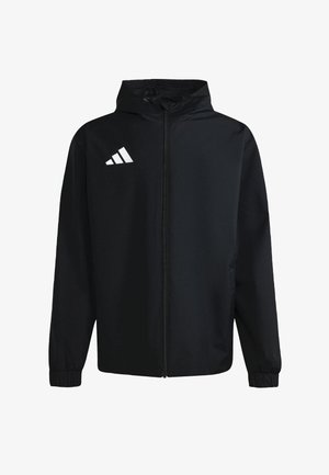 Veste de sport noire en matériau résistant à l'eau. Dispose d'une fermeture éclair, d'une capuche ajustable, de poignets élastiques et d'un logo de marque blanc.