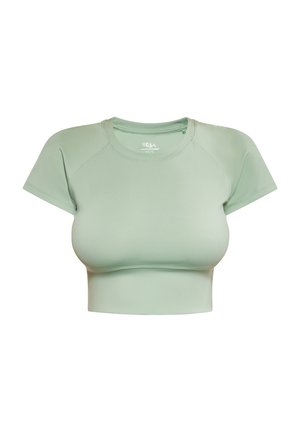 Crop-Top aus glattem, dehnbarem Material in Mintgrün. Mit kurzen Ärmeln und einem runden Halsausschnitt in taillierter Passform.