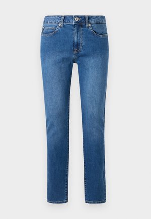 Jeans in denim blu con un design a gamba dritta, stile a cinque tasche e un girovita con bottoni. Include dettagli di cucitura lungo le cuciture.