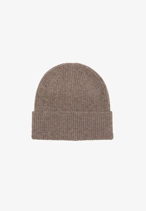 Caciula tricotată călduță, de culoare maronie, cu margine pliată, realizată dintr-un material moale și texturat, oferind căldură și confort. Design simplu și clasic.