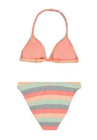 Bikini sæt med en koraltriangletop og multicoloreret stribet bund, der har vandrette striber i pink, grøn og marineblå. Materialet er strækbart.