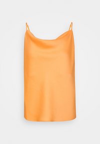 Orange satin klänning med tunna band, en slät textur och en enkel, rak modell. Inga mönster eller detaljer synliga.