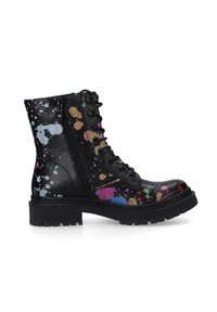Schwarze Leder-Stiefeletten mit buntem Farbspritzer-Design. Mit Schnürung vorne, Reißverschluss an der Seite und strukturiertem Gummisohle.