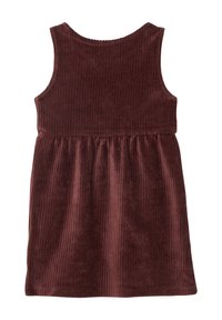 Burgunderfarbendes Cordkleid mit ärmellosem Design, geripptem Material und gerafftem Taillenbund, mit rundem Ausschnitt und glatter Oberfläche.