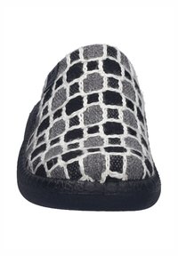Gray and black woven slipper with open toe, featuring a lattice pattern and a black rubber sole. Textured fabric with white stitching accents.